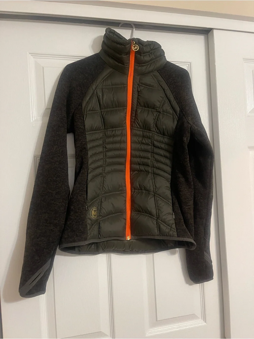 Michael Kors Down Knit Jacket Women’s Size Small Black Orange Zip Gorpcore